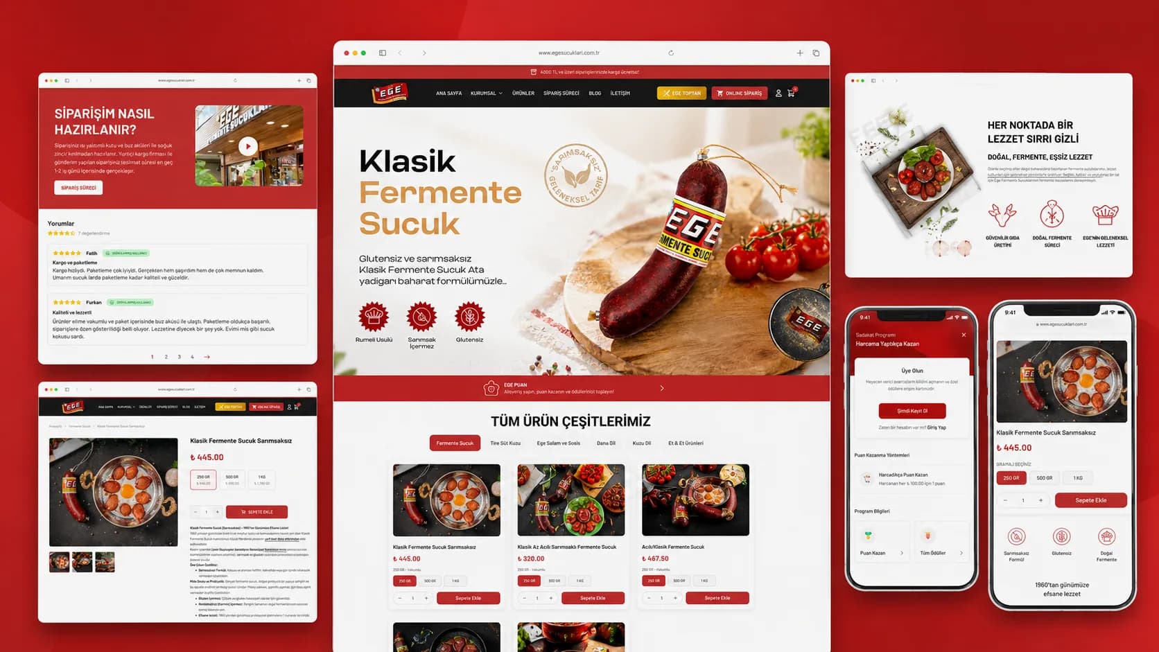 Ege Sucukları web sitesi arayüzü